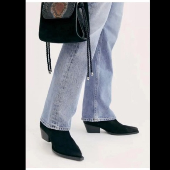 Free People Moon&Back Slouch Western Print Pointy Toe Black Suede Boots Size 36 - Picture 2 of 10